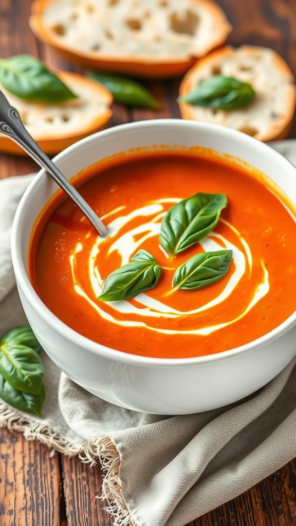 A bowl of creamy tomato basil soup garnished with basil leaves, alongside slices of crusty bread on a wooden table.